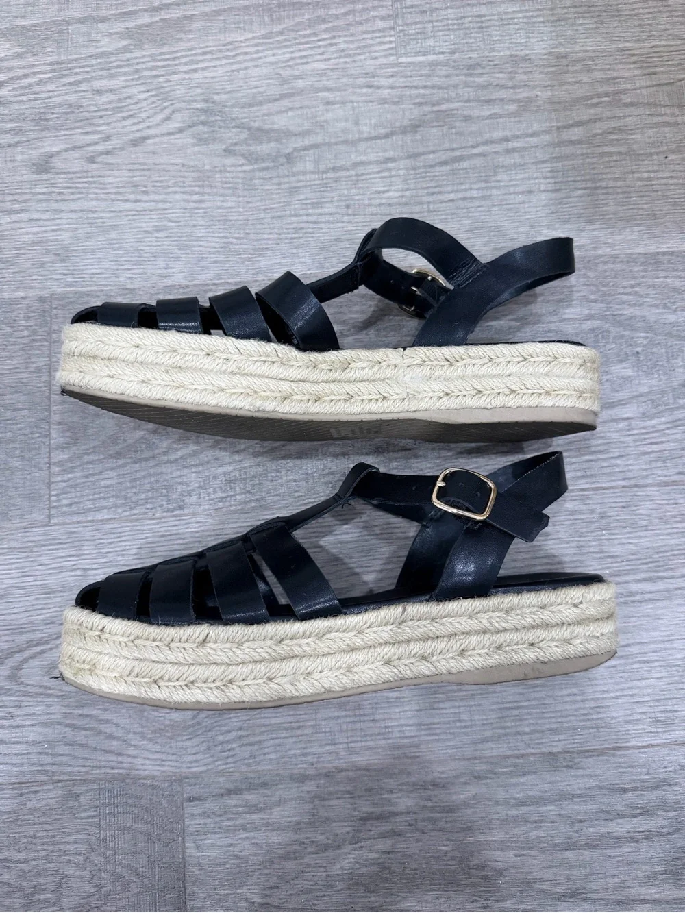 Steve Madden Black Leather Espadrille Platform Sandals